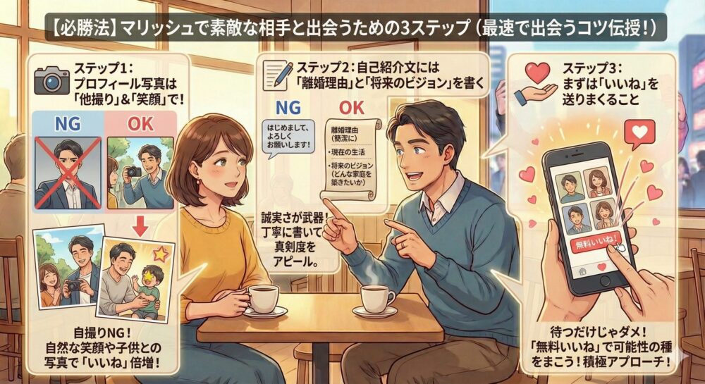 マリッシュで出会うための3ステップを示す画像